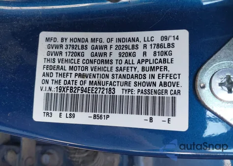 2014 Honda Civic Ex-L z USA, uszkodzony, nr VIN 19XFB2F94EE272183